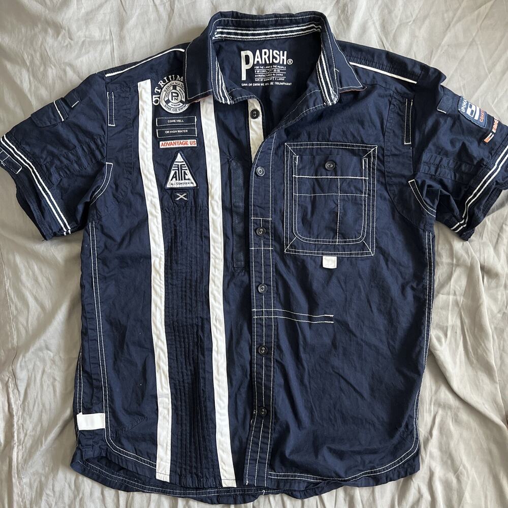 mens PARISH TRIUMPHANT SS BK CAMP SHIRT XL extra large Blue